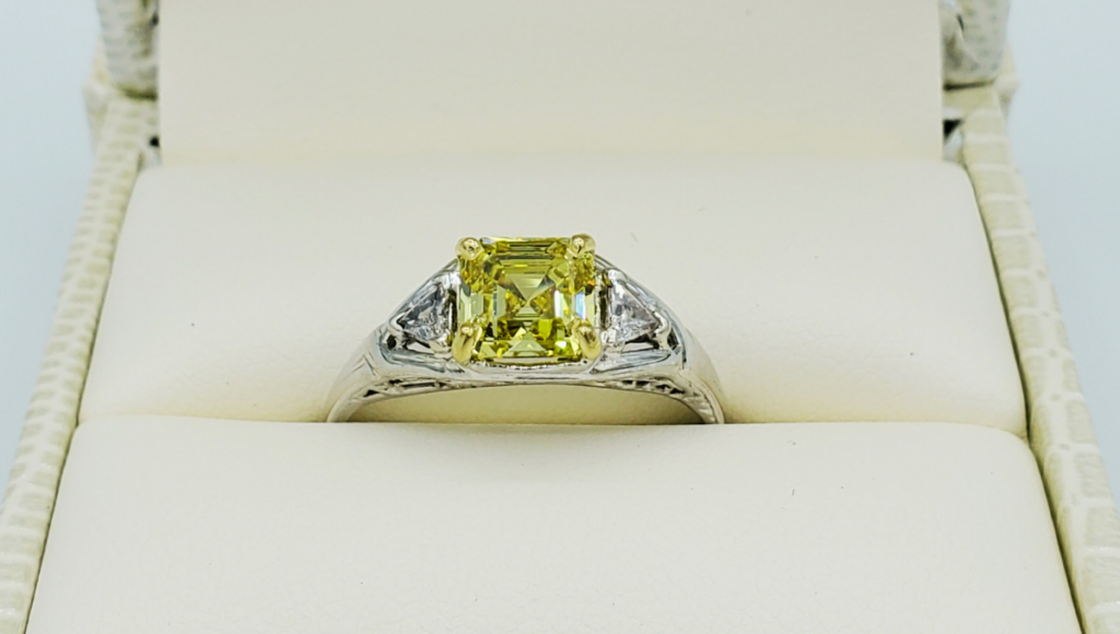 Yellow Diamond Engagement Ring in White Box  Close Up